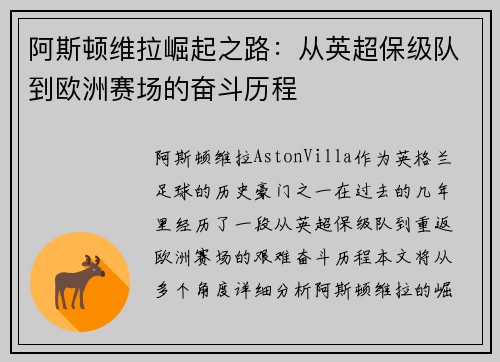 阿斯顿维拉崛起之路：从英超保级队到欧洲赛场的奋斗历程