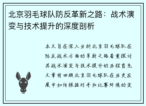 北京羽毛球队防反革新之路：战术演变与技术提升的深度剖析